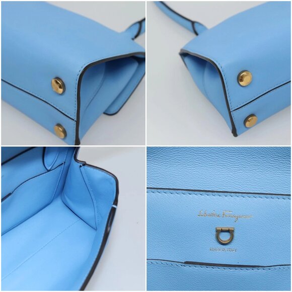 Salvatore Ferragamo Gancini Shoulder Bag Leather Blue Gold Auth 114931V - Picture 12 of 14